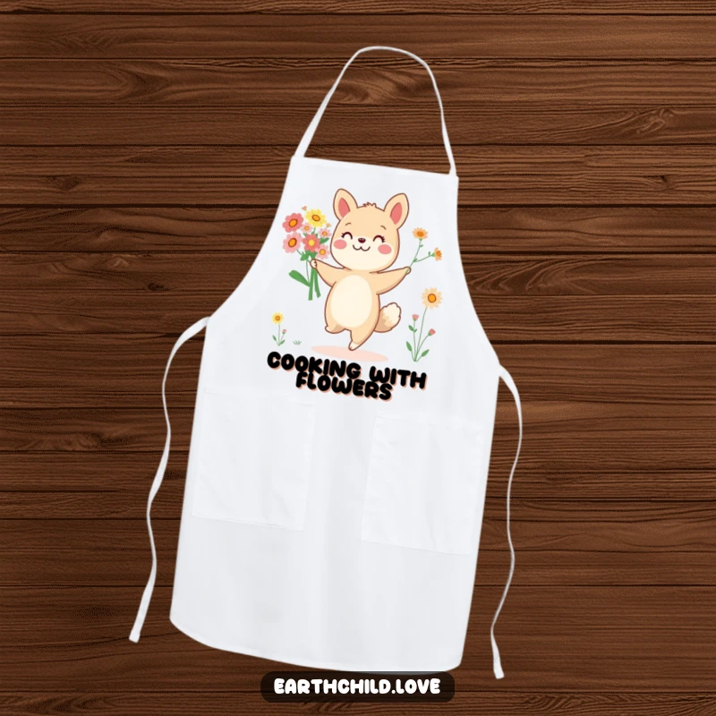 Funny cheerful animal character dancing with a bouquet of wildflowers, on a functional kitchen apron.