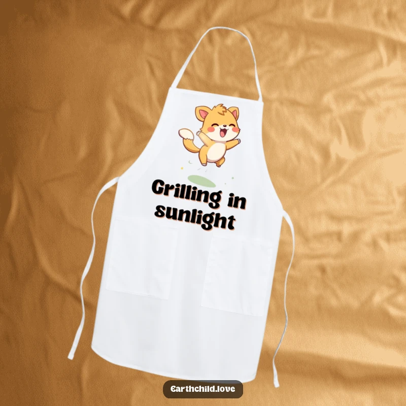 Funny energetic animal character playfully leaping through sunbeams, on a functional kitchen apron.