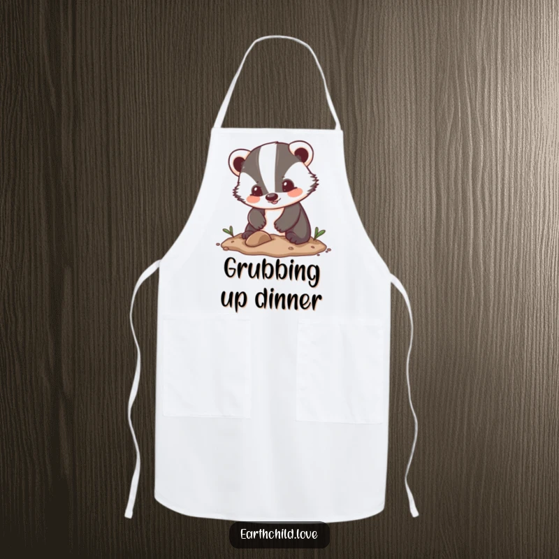 Funny Kawaii Apron depicting an enthusiastic badger character digging in soft soil, perfect for adding cute and funny style to cooking.