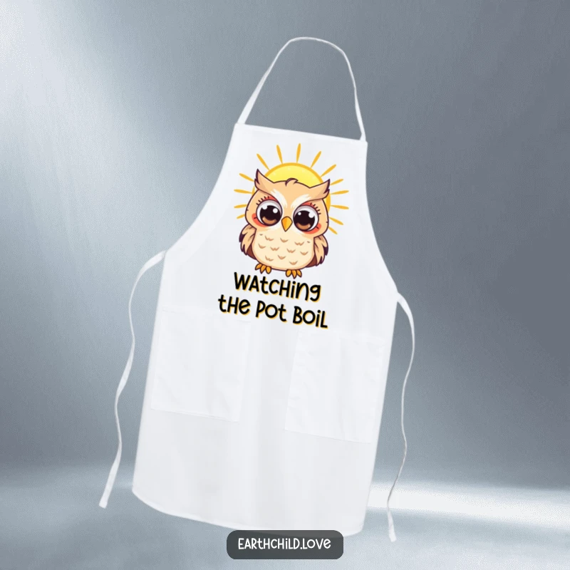 Funny Kawaii owl with curious eyes observing a bright sun, a charming and practical kitchen apron.