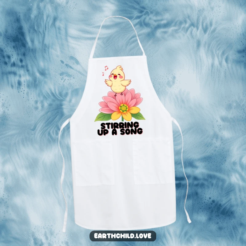 Funny Kawaii bird singing atop a vibrant flower, a cute and functional apron for a joyful cooking experience.