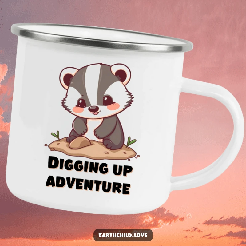 Funny Kawaii Camping Mug featuring an enthusiastic badger character digging in soft soil, adding a cute and funny element to outdoor trips.