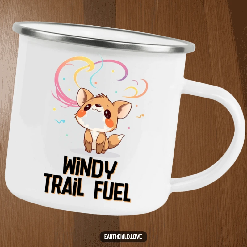 Funny curious animal character looking up at colorful, swirling winds, on a rugged camping mug.