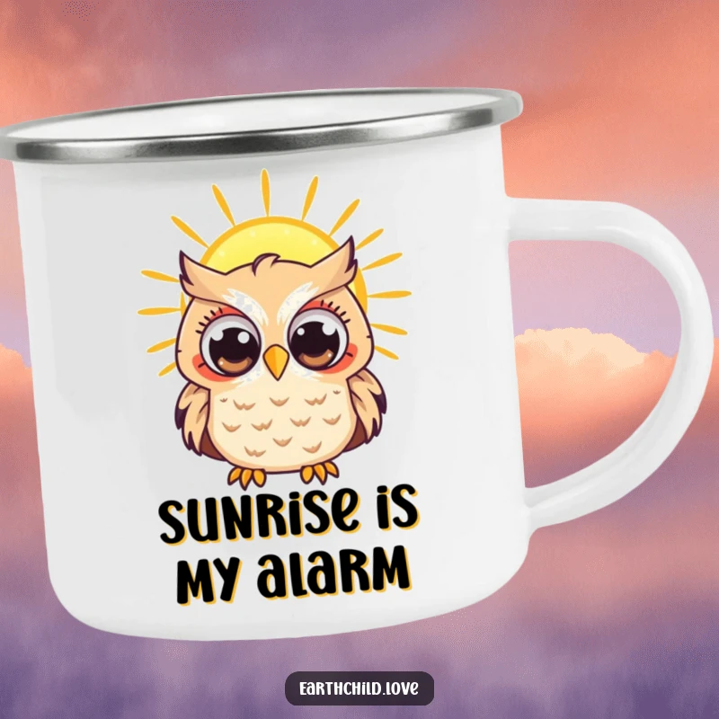 Funny Kawaii owl watching a bright sun, a durable camping mug for curious outdoor enthusiasts.