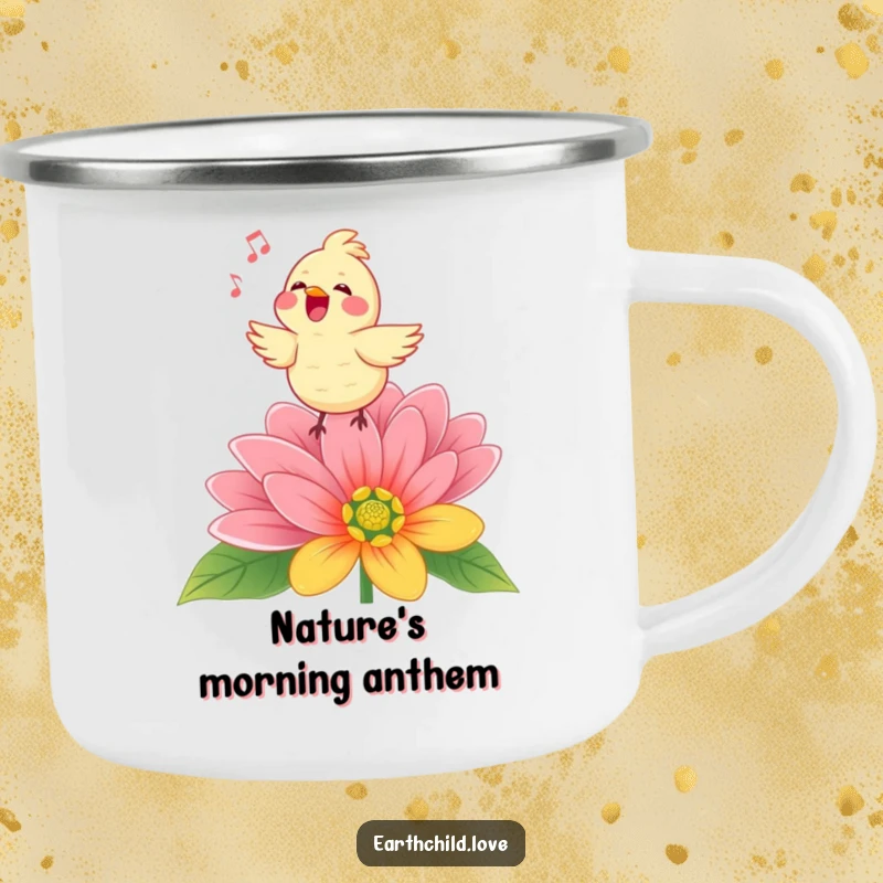 Funny Kawaii bird singing on a flower, a durable camping mug designed for outdoor enjoyment and cheer.