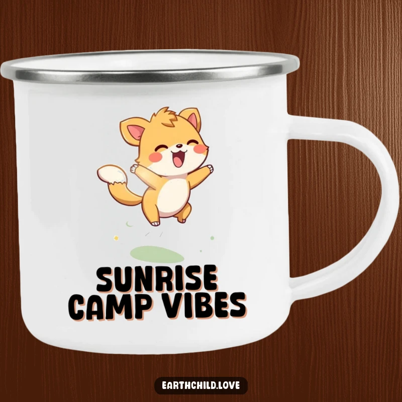 Funny energetic animal character playfully leaping through sunbeams, on a rugged camping mug.