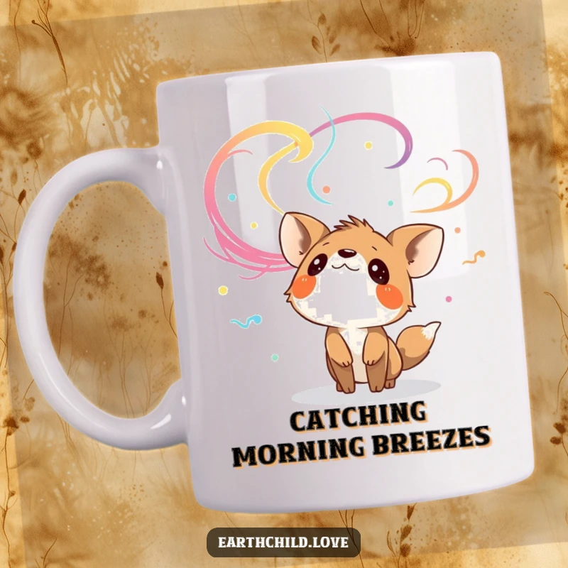 Funny curious animal character looking up at colorful, swirling winds, on a whimsical mug.