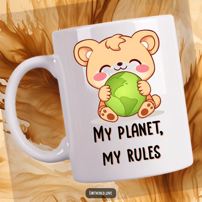 Funny animal character joyfully hugging a small green planet, symbolizing environmental love on an adorable mug.