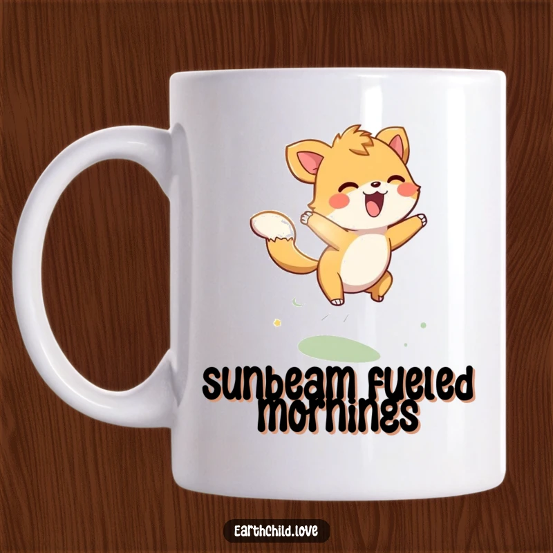 Funny energetic animal character playfully leaping through bright sunbeams, on a cheerful mug.