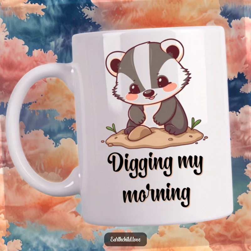 Funny Kawaii Badger Mug showing a cute badger character enthusiastically digging in soft soil, bringing cheerful vibes.