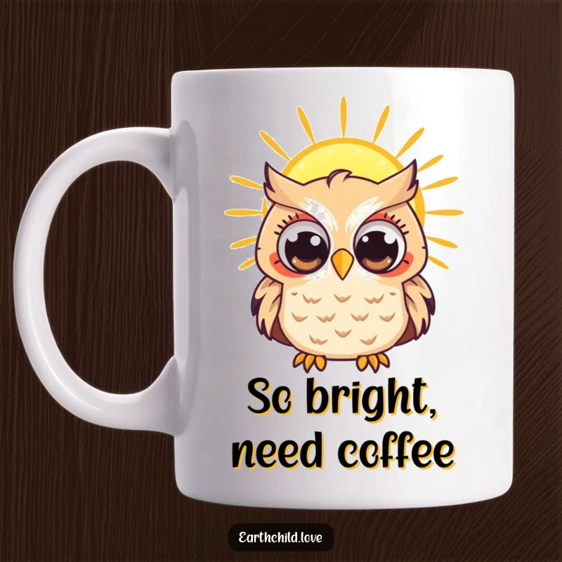 Funny Kawaii owl with wide, curious eyes looking up at a bright, radiant sun, a delightful mug design.