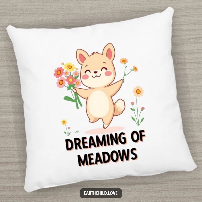 Funny cheerful animal character dancing with a bouquet of wildflowers, depicted on a soft pillow.