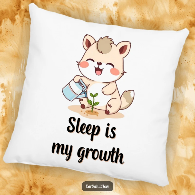 Funny joyful animal character watering a tiny seedling with a smiling sprout, depicted on a soft pillow.