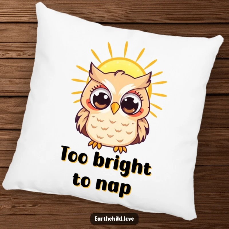 Funny Kawaii owl character with wide, curious eyes gazing at a radiant sun, a soft decorative pillow.