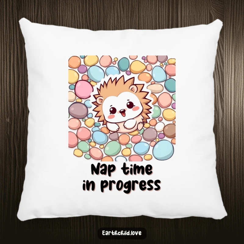 Funny Kawaii hedgehog character rolling playfully among colorful pebbles, a soft and decorative pillow.