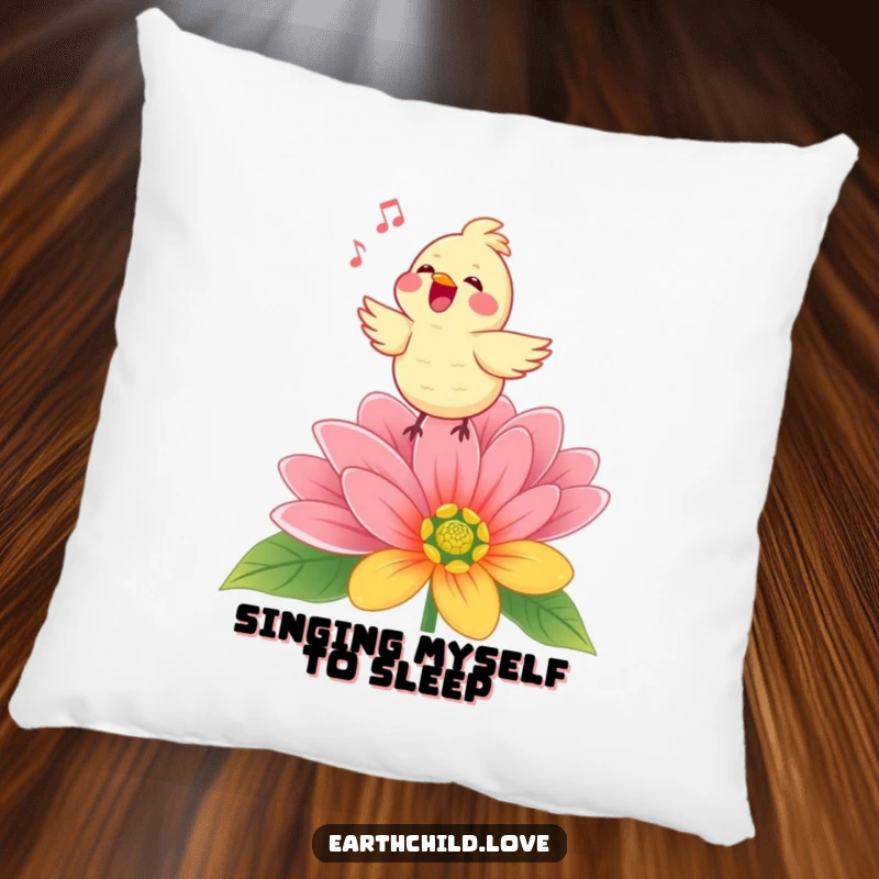 Funny Kawaii bird character singing happily on a colorful flower, a soft and decorative pillow for joyful spaces.