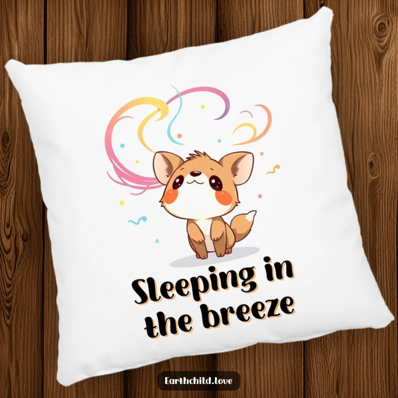 Funny curious animal character looking up at colorful, swirling winds, depicted on a soft pillow.