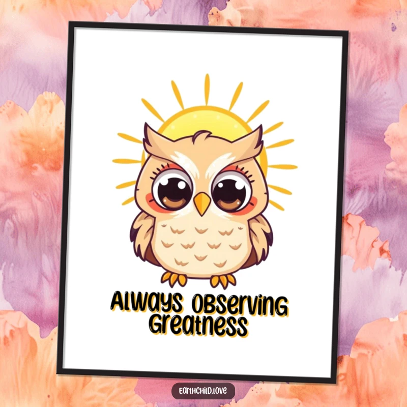 Funny Kawaii owl character with wide, curious eyes observing a radiant sun, a digital art print for peaceful decor.