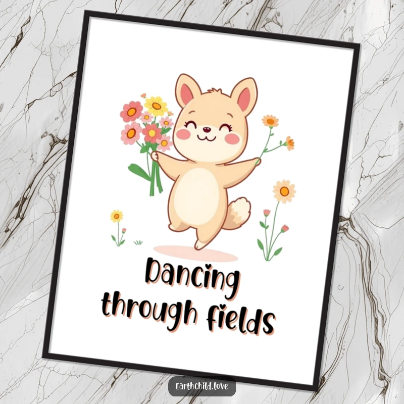 Funny cheerful animal character dancing with a bouquet of wildflowers, as a downloadable digital art print.