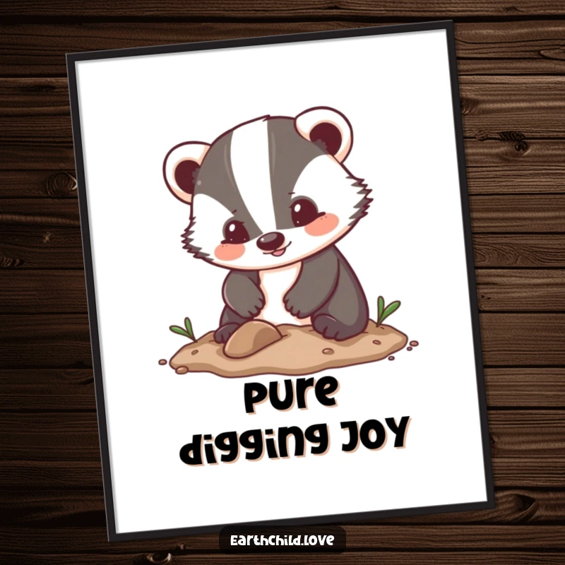 Funny Kawaii Art Print of an enthusiastic badger character digging in soft soil, creating a cheerful, funny, and cute visual.