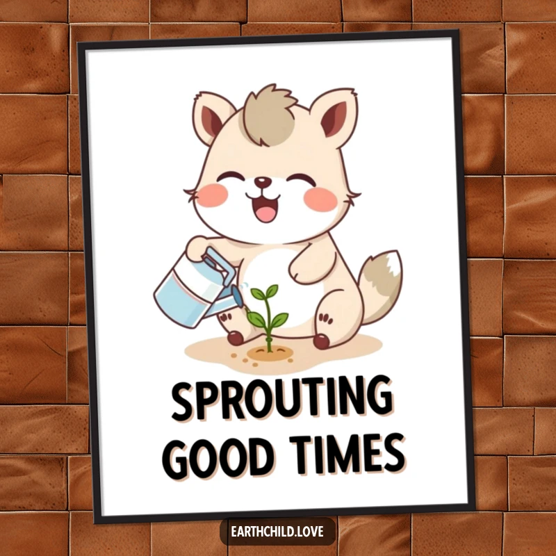 Funny joyful animal character watering a tiny seedling with a smiling sprout, as a downloadable digital art print.