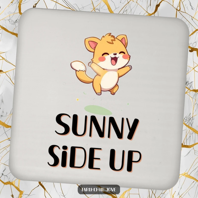 Funny energetic animal character playfully leaping through sunbeams, designed as a humorous coaster.