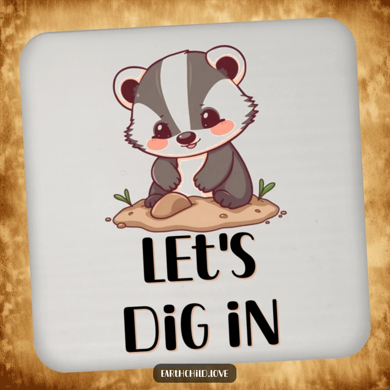 Funny Kawaii Coasters showcasing an enthusiastic badger character digging in soft soil, adding a cute and funny touch to table settings.