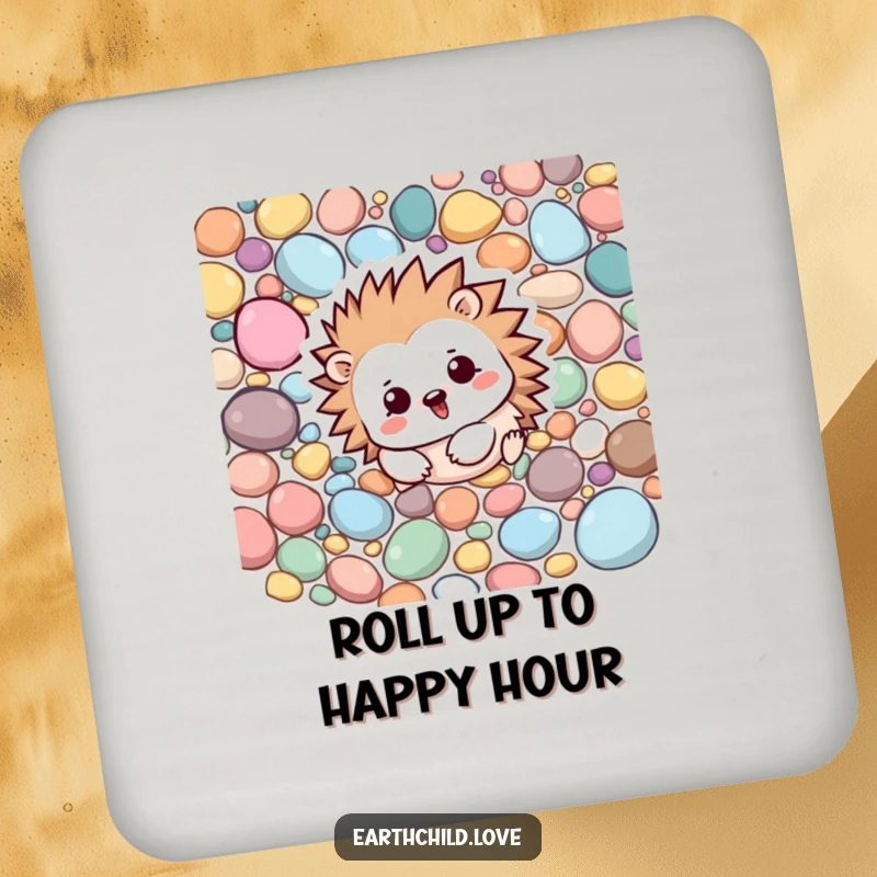 Funny Kawaii hedgehog character rolling playfully among colorful pebbles, a protective drink coaster.