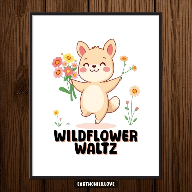 Funny cheerful animal character dancing with a bouquet of wildflowers, presented as vibrant wall art.