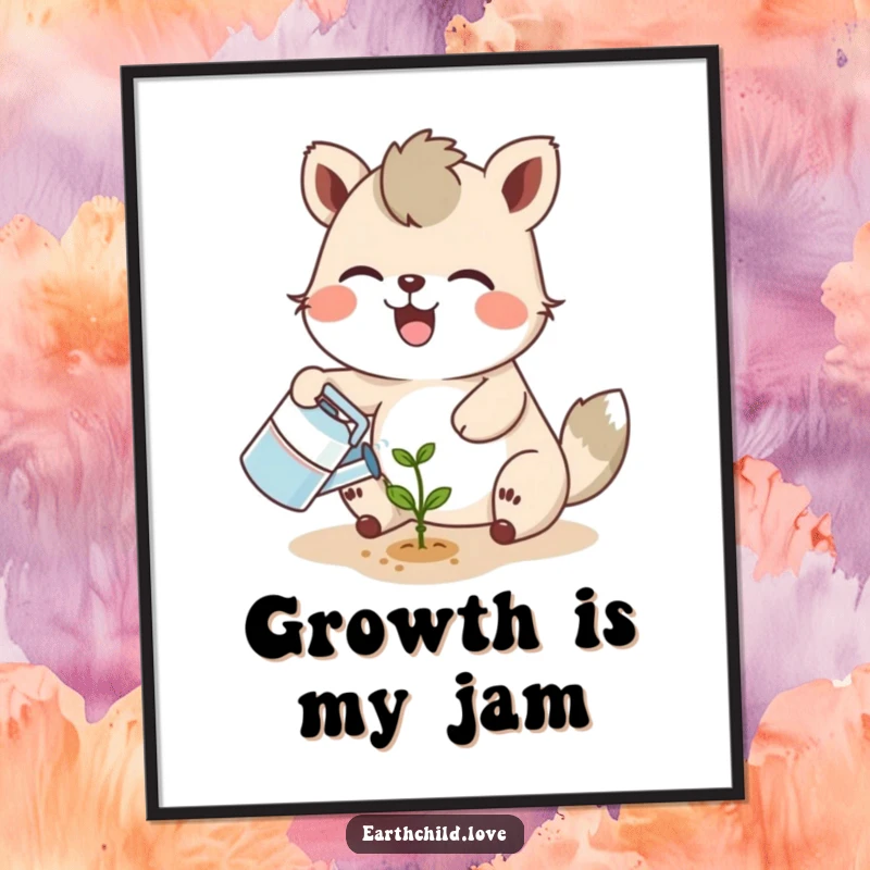 Funny joyful animal character watering a tiny seedling with a smiling sprout, presented as charming wall art.