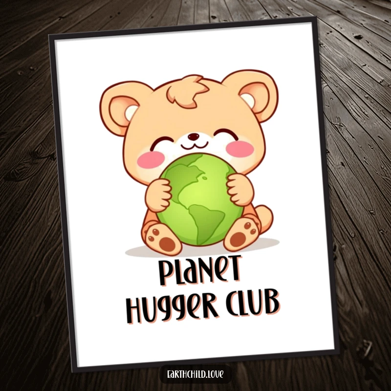 Funny animal character affectionately hugging a small green planet, presented as cheerful wall art poster.