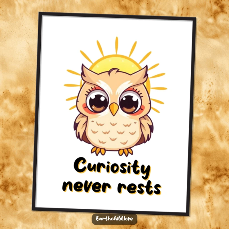 Funny Kawaii owl with big, curious eyes watching a glowing sun, a captivating poster for thoughtful spaces.