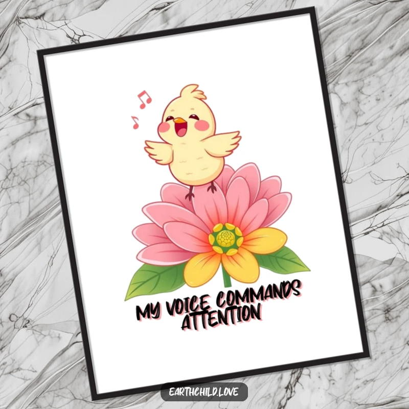 Funny Kawaii bird serenading from a stylized flower, a print designed to bring joy and vibrant color to any wall.