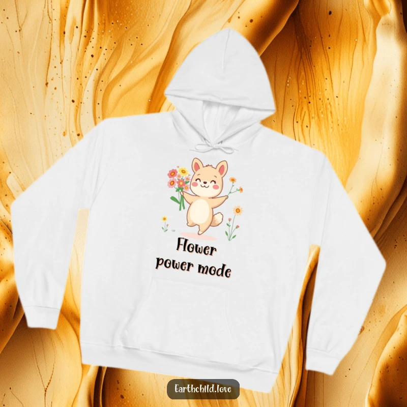 Funny cheerful animal character dancing with a bouquet of wildflowers, featured on a cozy hoodie.