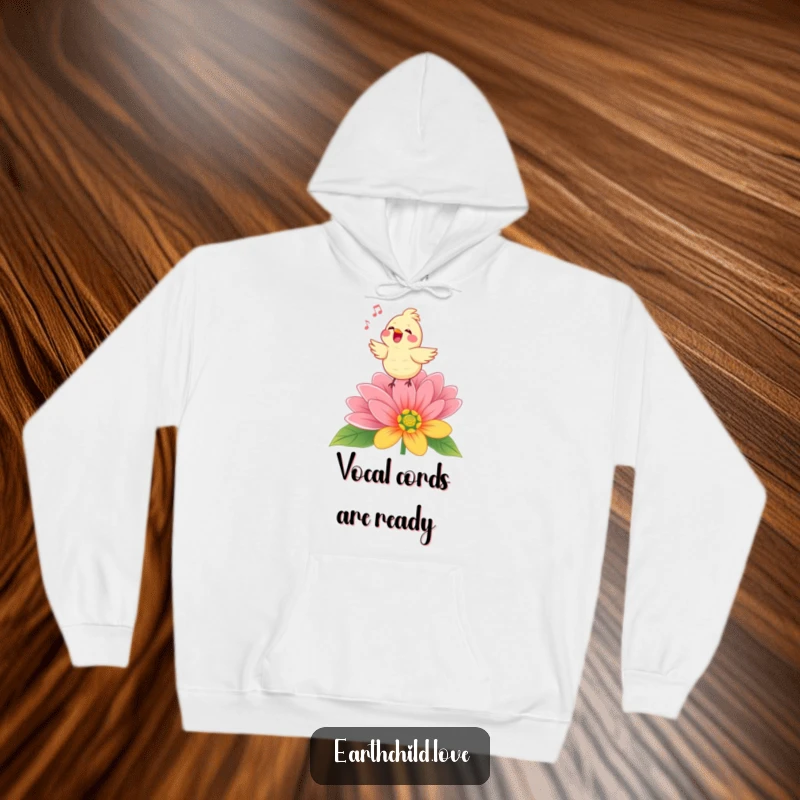 Funny Kawaii bird singing with gusto atop a colorful flower, a cozy and cheerful hoodie design for music lovers.