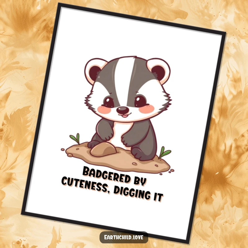 Funny Free Printable Wall Art: Kawaii badger character enthusiastically digging in soft soil, creating a cheerful and adorable piece of downloadable art.