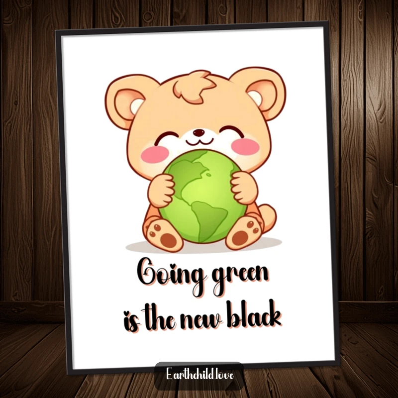 Funny Free Printable Wall Art: A happy animal character affectionately hugging a small green planet, spreading eco-love.