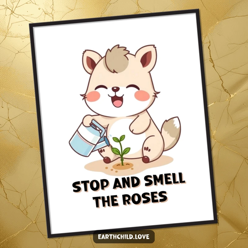 Funny Free Printable Wall Art: A joyful animal character watering a tiny seedling, a smiling sprout reaching for the sun.