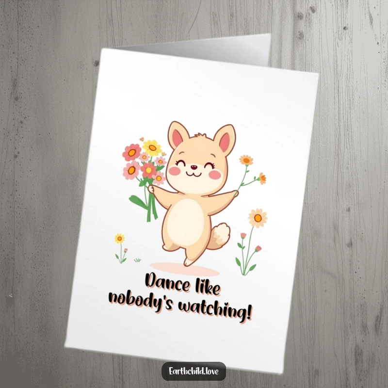 Funny Free Printable Birthday Card: Cheerful animal character joyfully dancing with a vibrant bouquet of wildflowers, celebrating life.