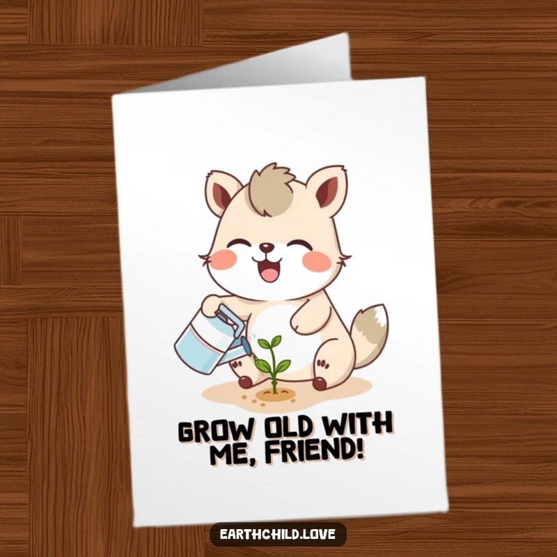 Funny Free Printable Birthday Card: Joyful animal character watering a tiny seedling, a smiling sprout representing new beginnings.