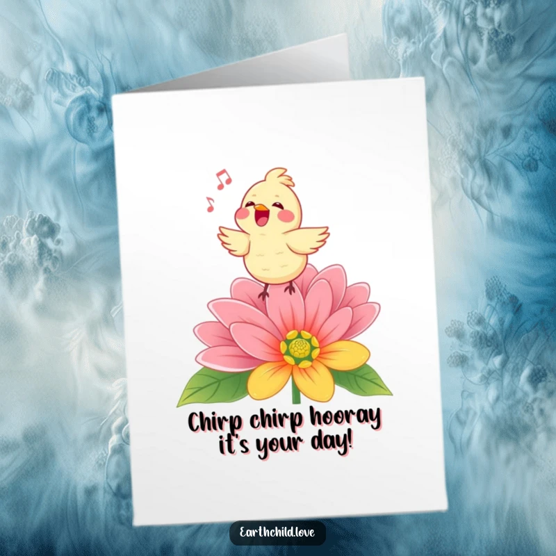 Funny Free Printable Birthday Card: A Kawaii bird joyfully singing atop a vibrant flower, spreading musical cheer.