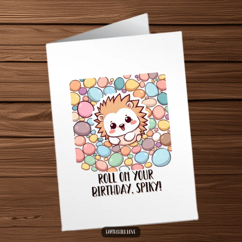 Funny Free Printable Birthday Card: A Kawaii hedgehog happily rolling amongst colorful pebbles, full of glee.