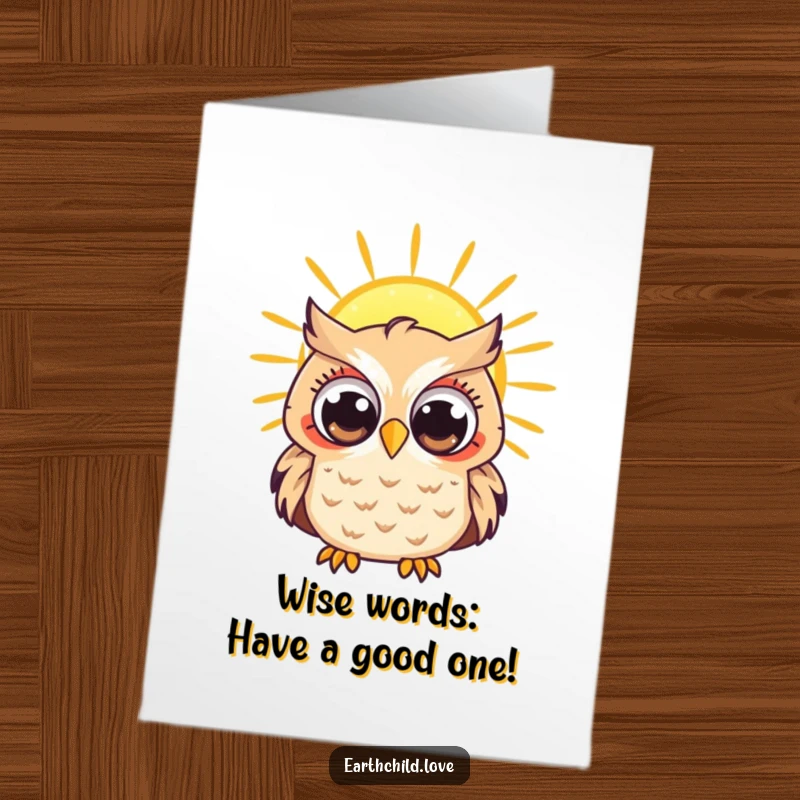 Funny Free Printable Birthday Card: A Kawaii owl with wide, curious eyes gazing at a radiant sun.