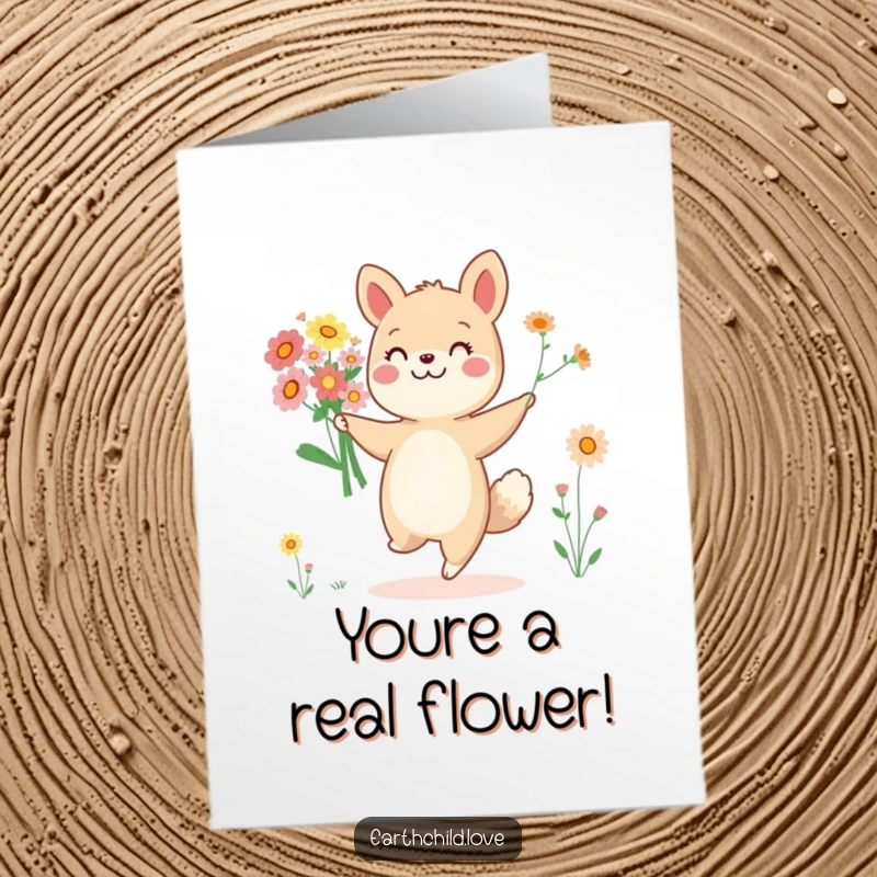 Funny Free Printable Congratulations Card: Cheerful animal character dancing with a bouquet of wildflowers, celebrating a milestone.