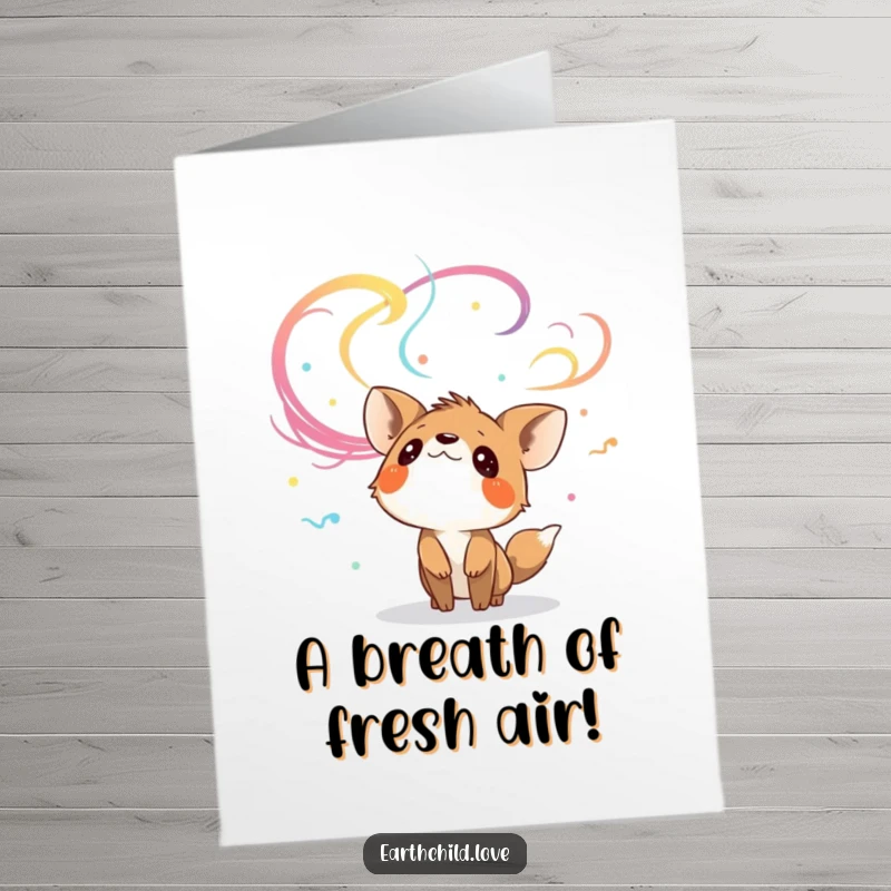 Funny Free Printable Congratulations Card: Curious animal character looking up at colorful, swirling winds, embarking on a new adventure.