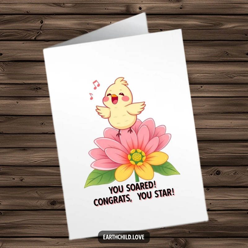 Funny Free Printable Congrats Card: A Kawaii bird in full song atop a flower, celebrating achievements.