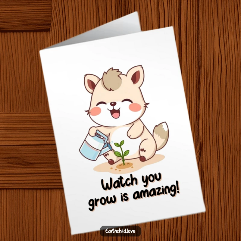 Funny Free Printable Congratulations Card: Joyful animal character watering a tiny seedling with a smiling sprout, celebrating success.
