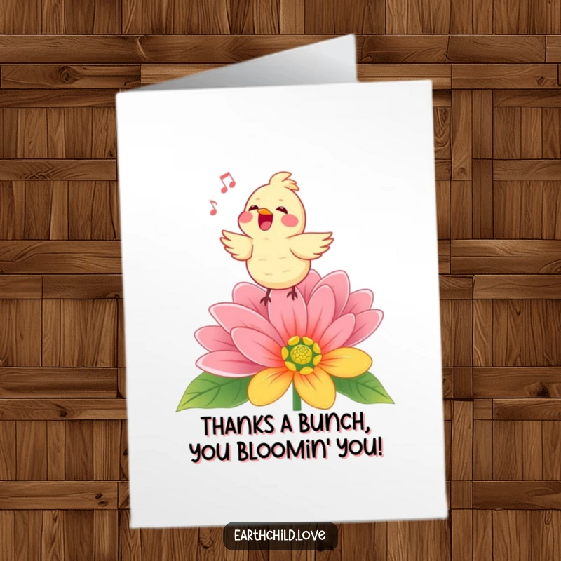 Funny Free Printable Thank You Card: A Kawaii bird singing happily on a flower, expressing heartfelt thanks.