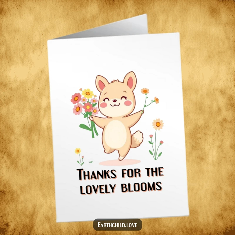 Funny Free Printable Thank You Card: Cheerful animal character dancing with a bouquet of wildflowers, sending thanks with a smile.