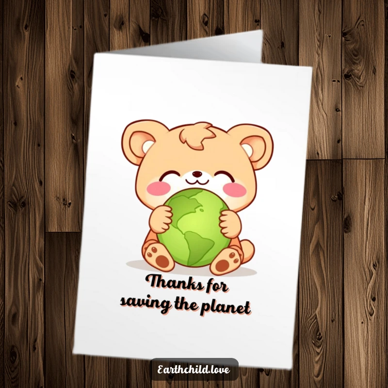 Funny Free Printable Thank You Card: Happy animal character hugging a small green planet, showing heartfelt thanks.